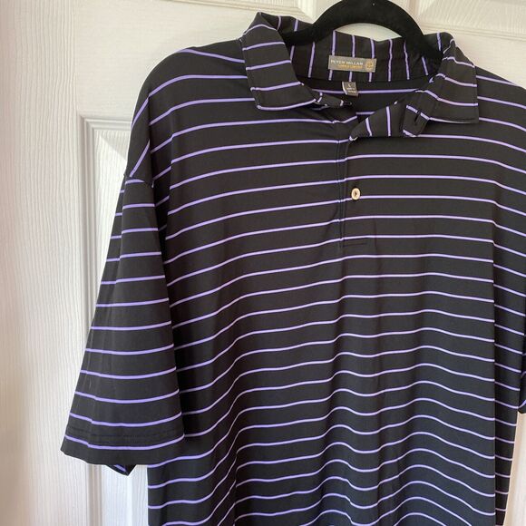 Peter Millar Polo Shirt Mens Large Summer Comfort Corwin Cup Patch Purple Stripe - Picture 3 of 12